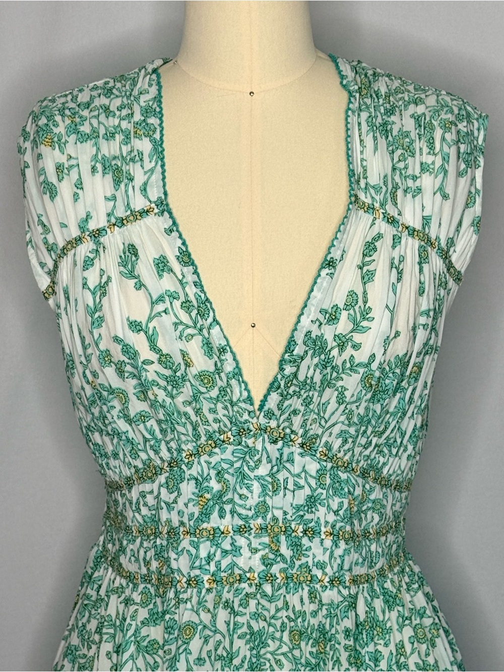 Poupette St Barth M Green Floral Boho Mini Dress Deep V - Picture 3 of 13
